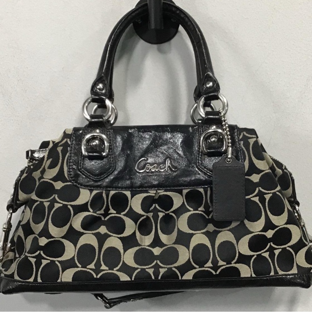 SOLD Coach Ashley Signature Black Leather Sateen Lined Shoulder Purse